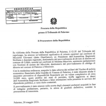 Emesso provvedimento di misure cautelari nei confronti di Giovanni Miccichè e Maurizio Messina per reati di peculato e truffa aggravata