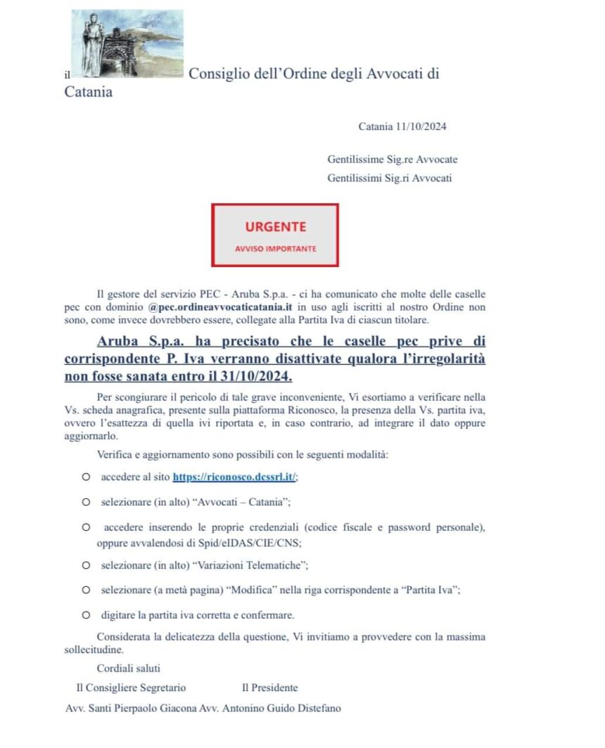 Attenzione: Importante Avviso sul Servizio PEC per gli Avvocati di Catania